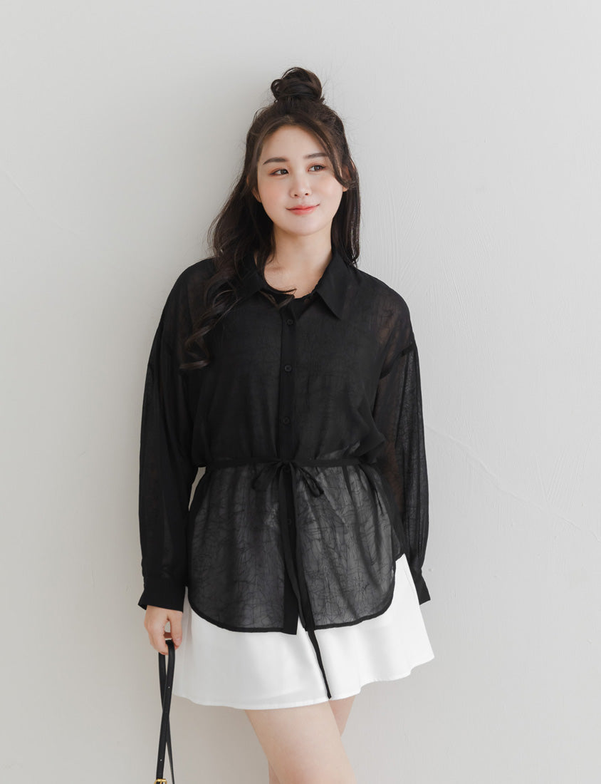 Flowy Crinkled Sheer Plus Size Blouse (With Tie)