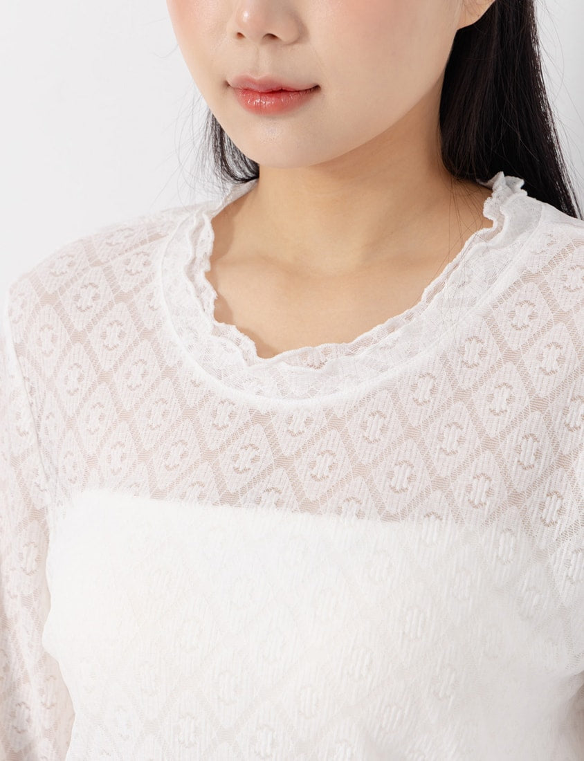 Double-Collar Diamond Lace with Lettuce Edge Plus Size Sheer Top