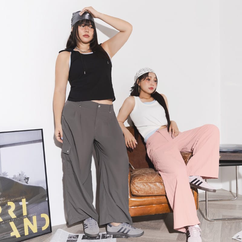 MUA! Edgy Pleated Back Elastic Nylon Plus Size Cargo Pants