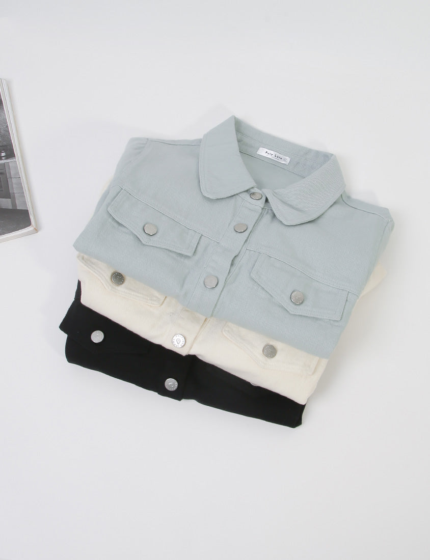 Korean Style Twill Button-Down Plus Size Short Sleeve Jacket