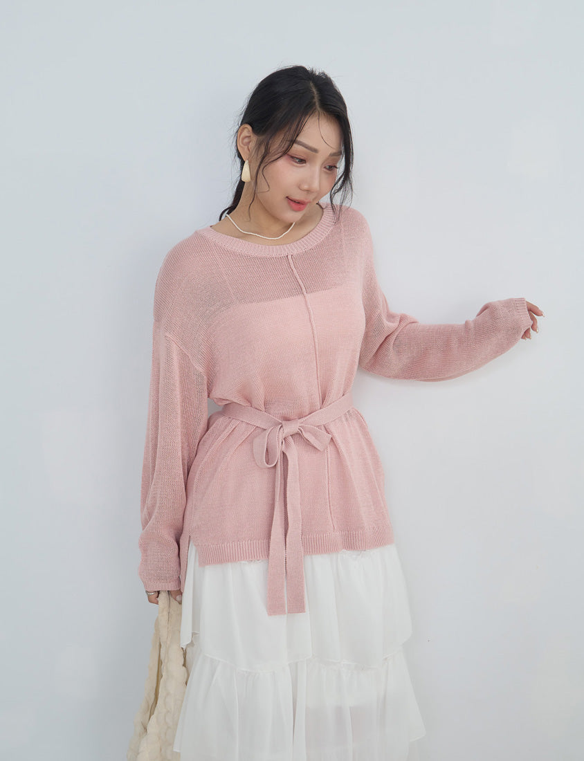 MISS. Korean Sheer Knit Plus Size Long Sleeve Top (with Waist Tie)