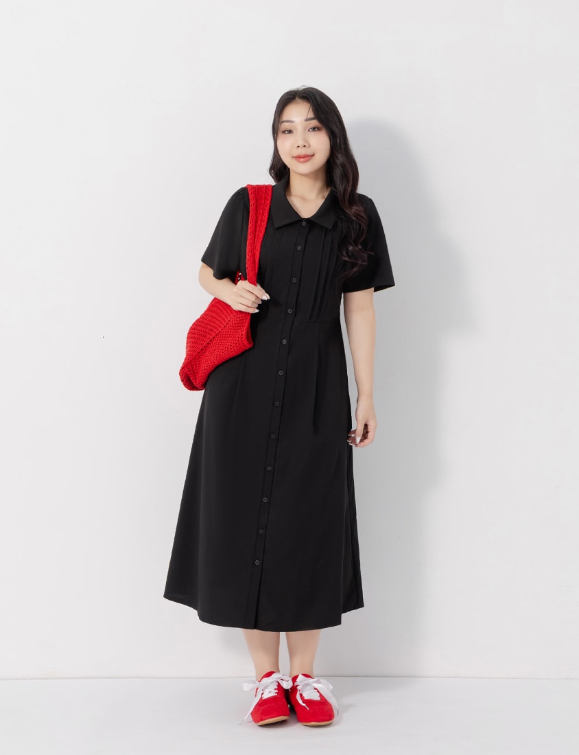 Pleated Textured Button-Down Elastic Back Plus Size Maxi Dress