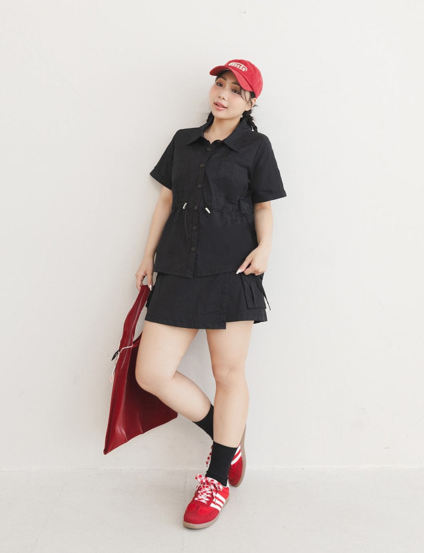 Pockets Cargo Drawstring Waist Plus Size Shirt