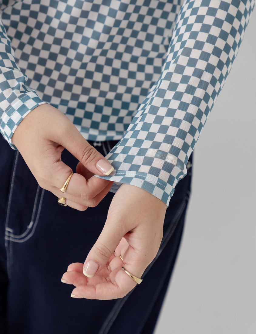 MUA! Sexy Checkered Mesh Long Sleeve Plus Size Top