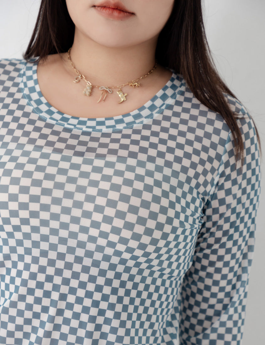 MUA! Sexy Checkered Mesh Long Sleeve Plus Size Top
