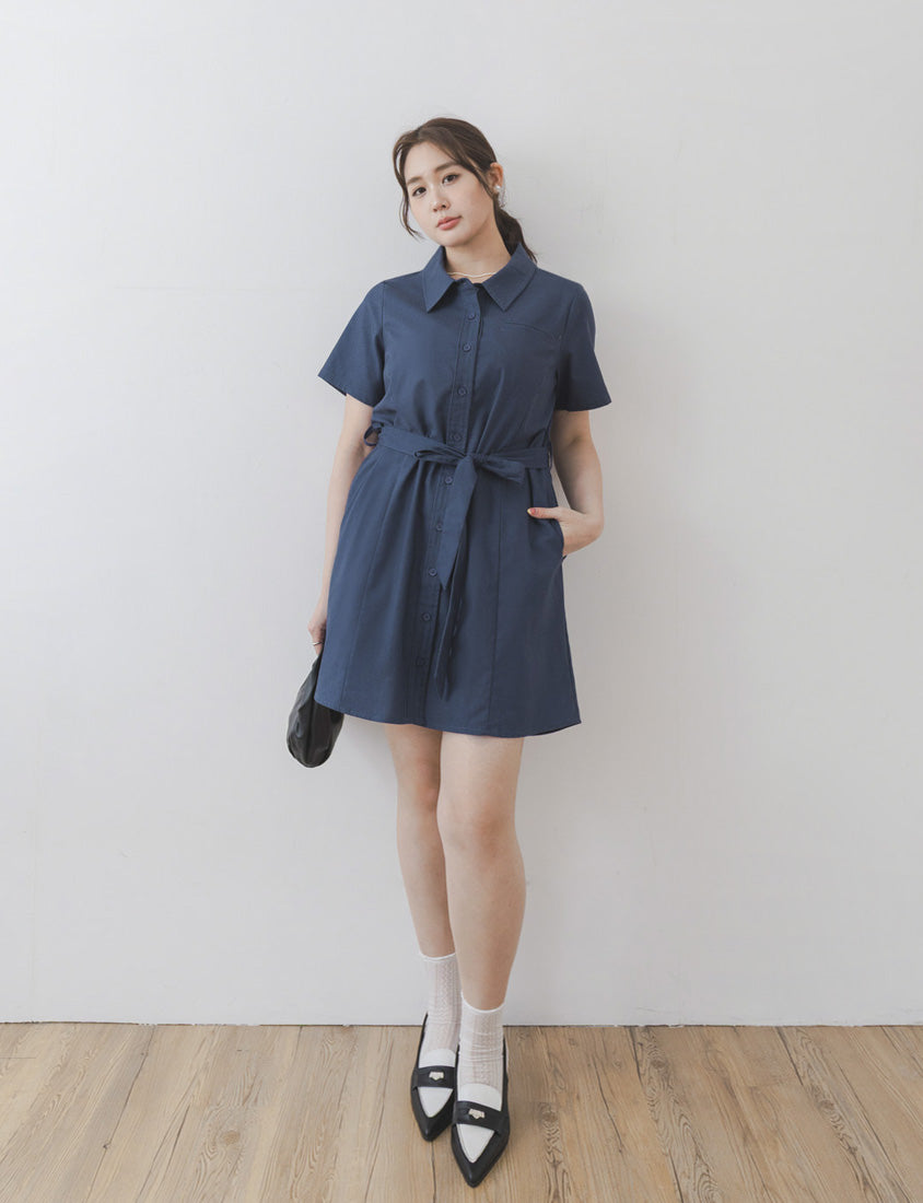 MISS. Korean-Style Button-Front Contrast Stitch Plus Size Dress (with Waist Tie)