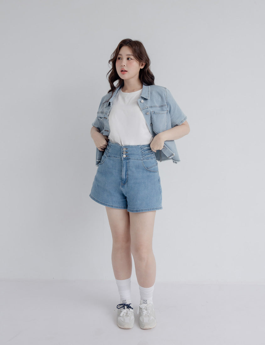 Cross Waist Tummy Flattering Plus Size Denim Shorts
