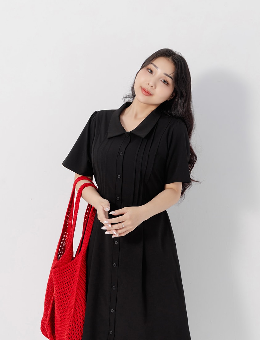 Pleated Textured Button-Down Elastic Back Plus Size Maxi Dress