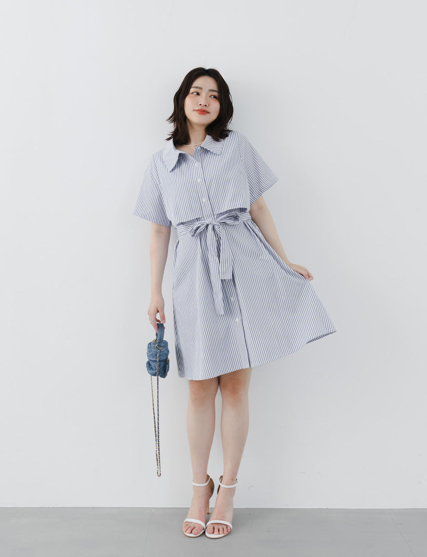 MISS. Japanese Style Striped Layered Plus Size Shirt Dress (with Belt)