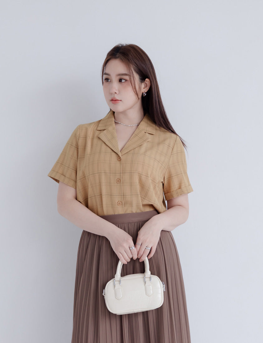 MISS. Cuban Collar Plaid Cuffed Plus Size Short Sleeve Shirt