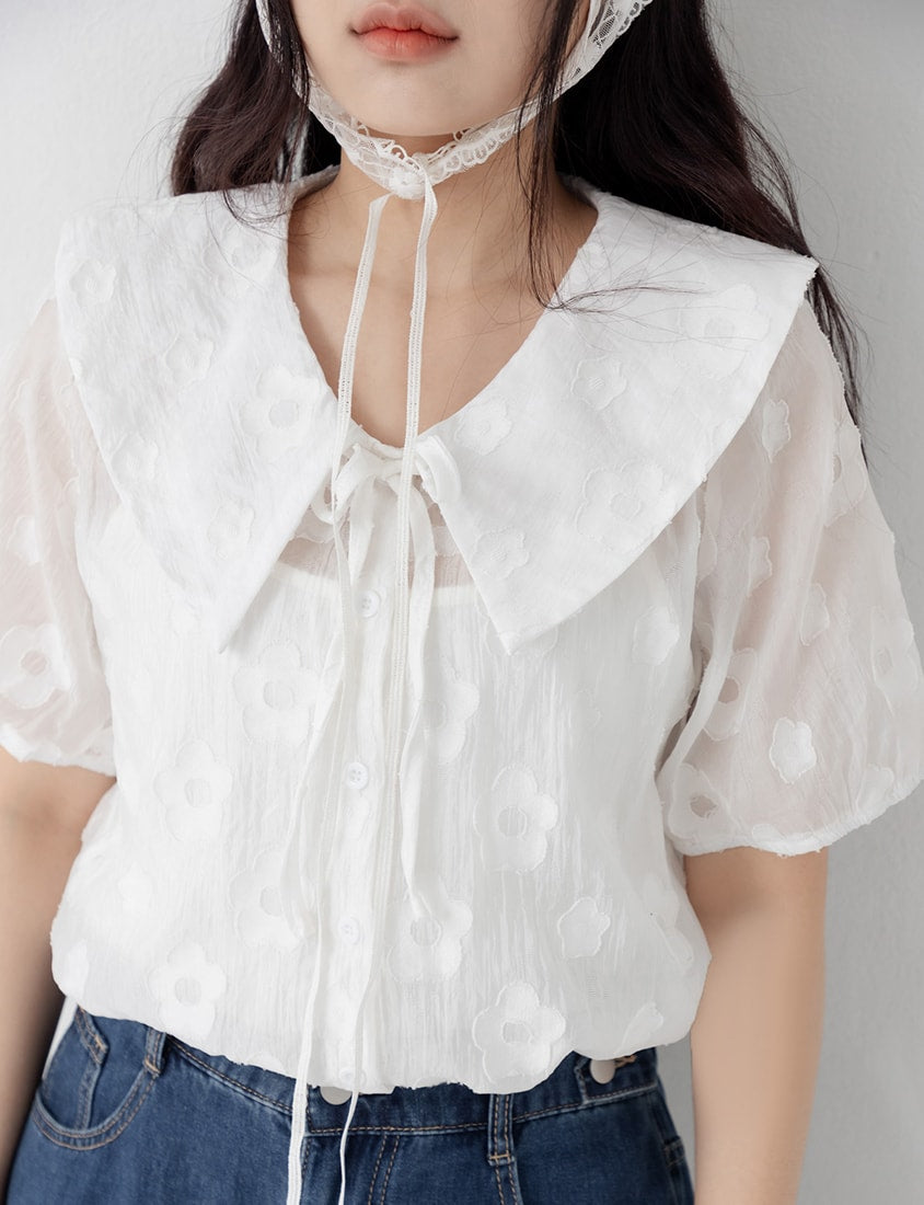 Two-Piece Floral Collar Tie Plus Size Shirt (with Camisole)