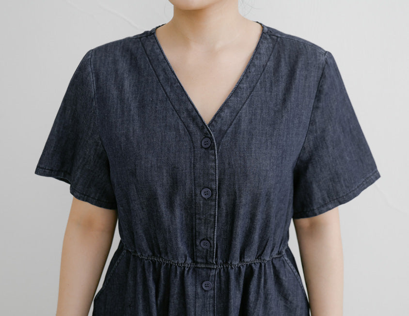 V-Neck Lightweight Denim Elastic Waist Button Plus Size Mini Dress