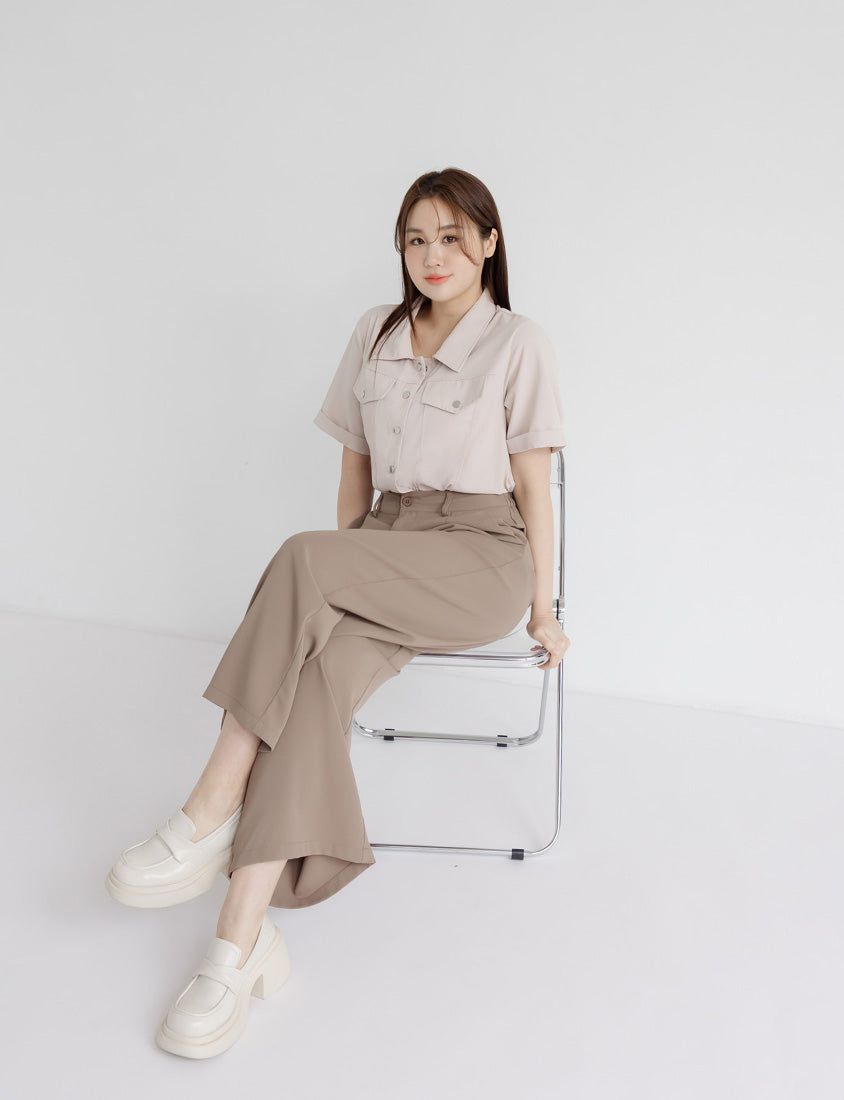 Curved Hem Stitched Plus Size Cuffed Shirt
