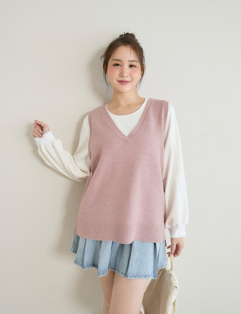 Versatile Multicolor V-Neck Mid-Length Plus Size Knit Vest