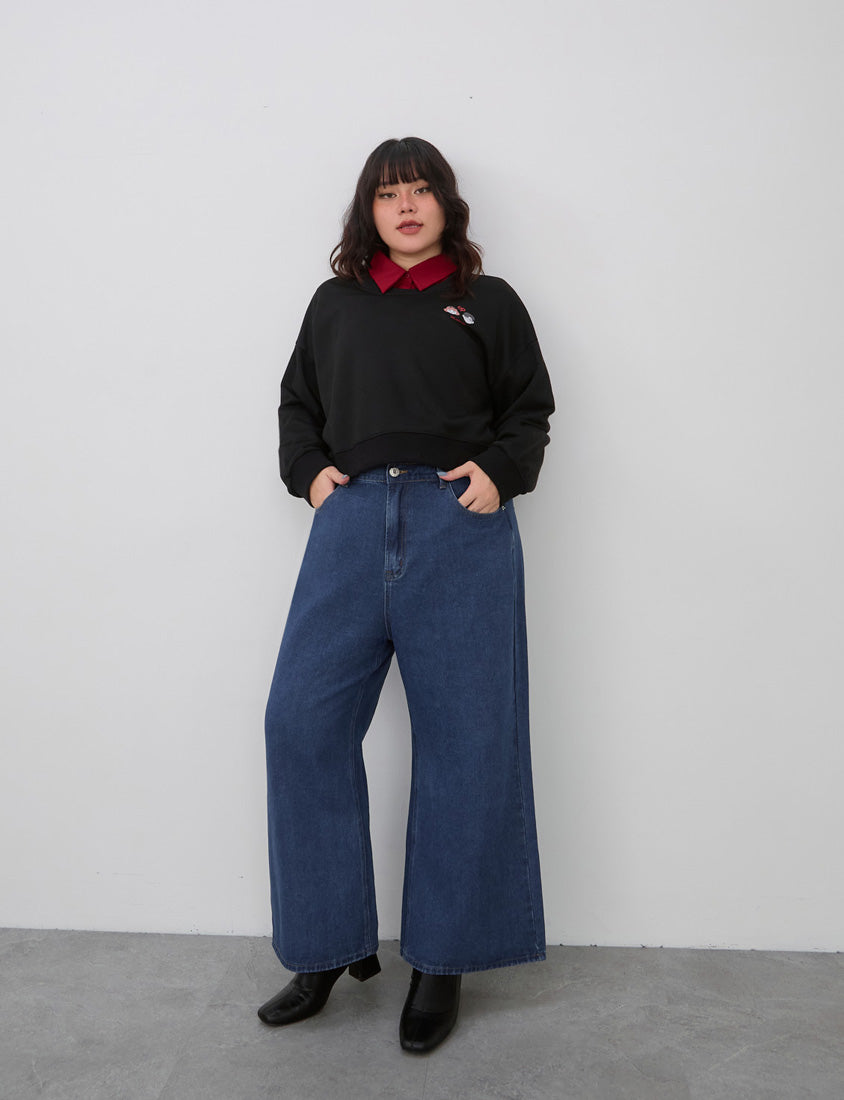 Vintage Washed Elastic Back Waist Plus Size Wide Leg Jeans
