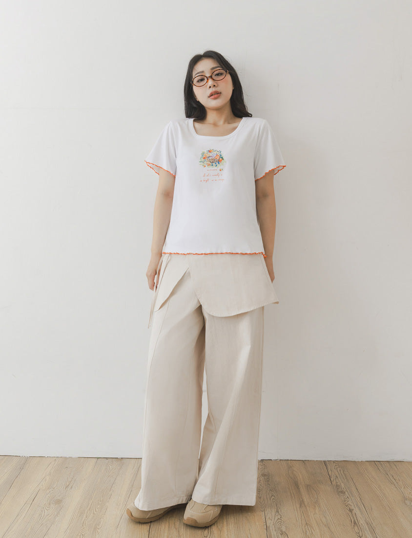 Layered Twill Plus Size Wide-Leg Pants (with Skirt Panel)