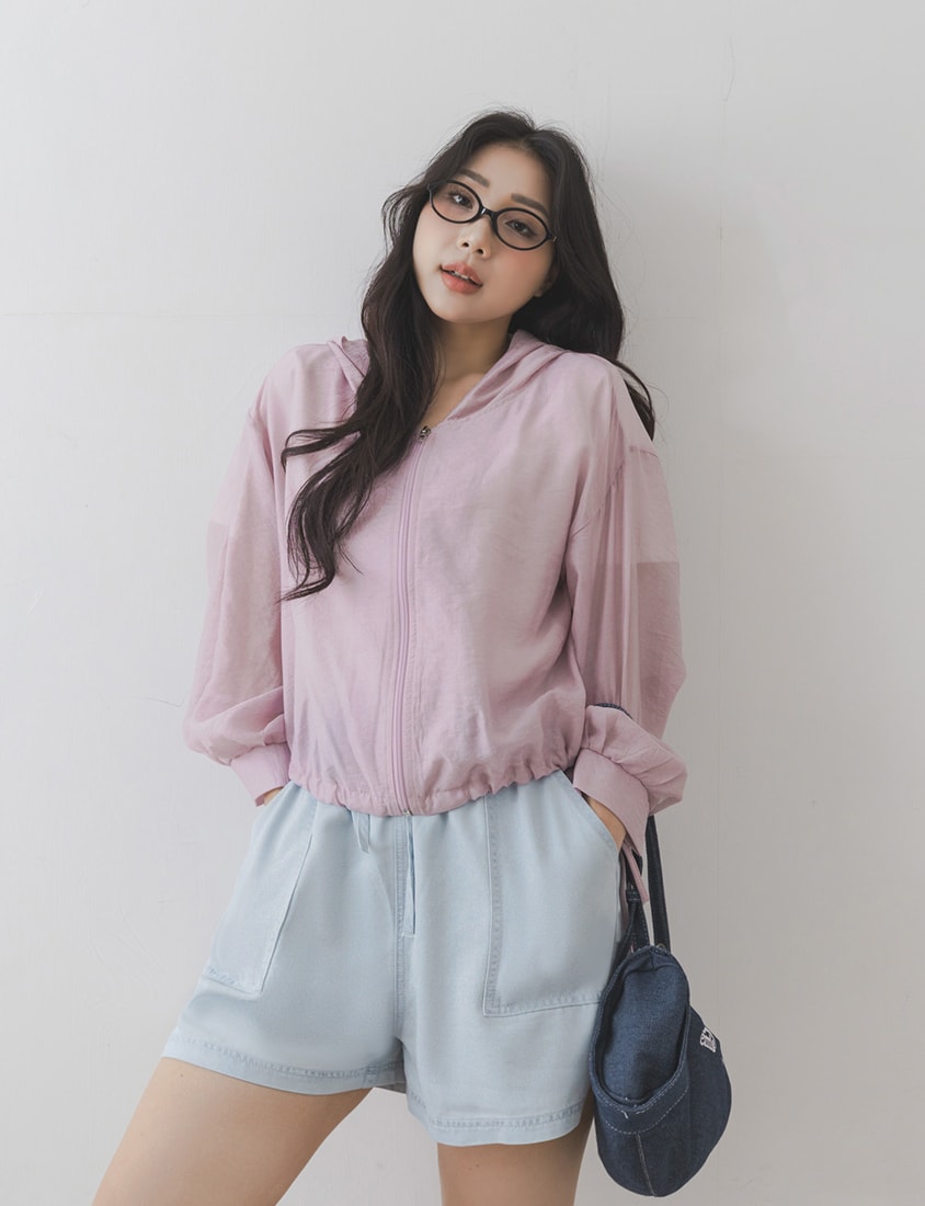 Semi-Sheer Drawstring Hem Hooded Plus Size Jacket