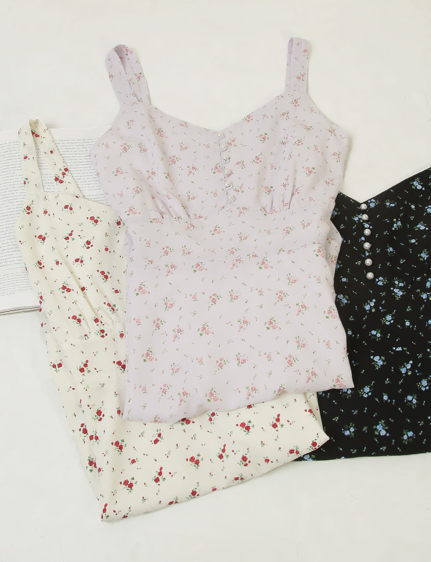 Adjustable Pearl Button Floral Plus-Size Mini Dress
