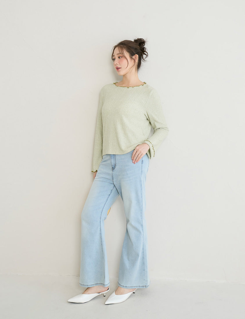 Contrast Lettuce-Edge Jacquard Plus Size Long Sleeve Top