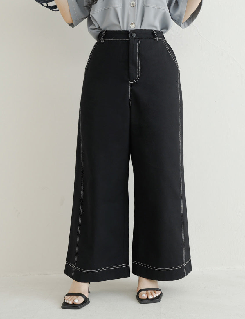 Color-Block Stitched Twill Cotton Straight-Leg Plus Size Pants