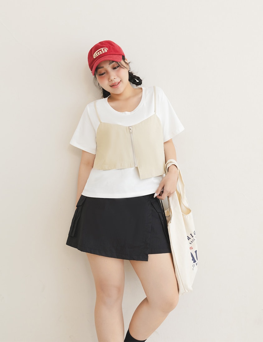 Asymmetric Front Zip Plus Size Layered Tee