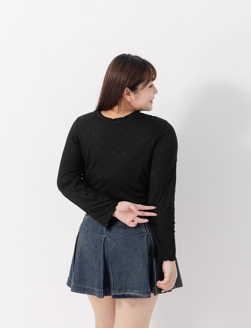 Double-Collar Diamond Lace with Lettuce Edge Plus Size Sheer Top