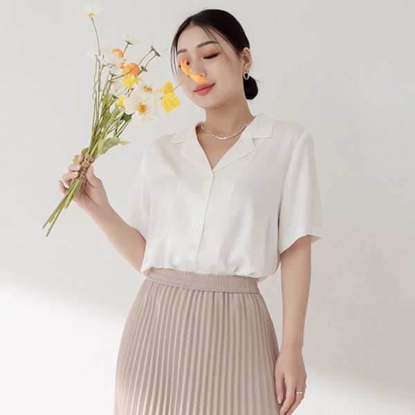 MISS. Glossy Satin Cuban Collar Plus Size Shirt With Floral Buttons