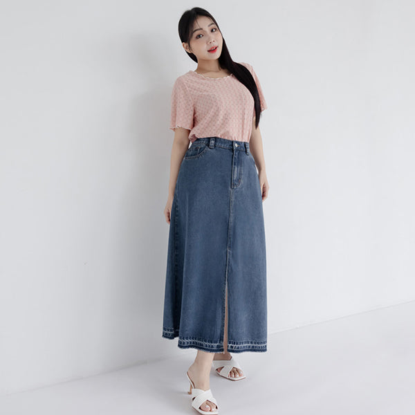 Lyocell Cooling Slit Plus Size Denim Maxi Skirt