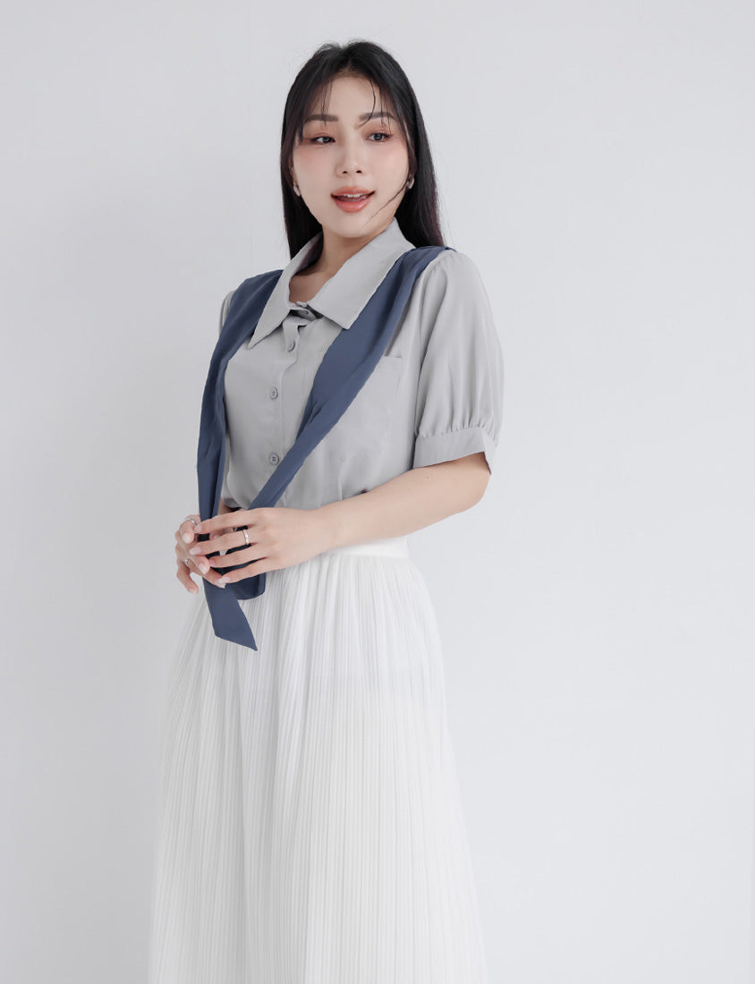 MISS. Faux Two-Piece Color-Block Bow Puff Sleeve Plus Size Blouse