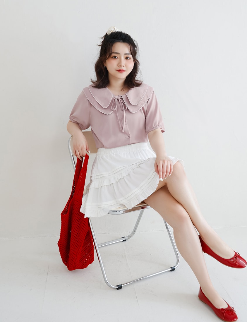 Double Layer Collar Tie Puff Sleeve Plus Size Blouse