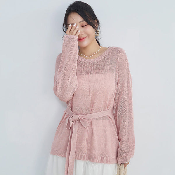 MISS. Korean Sheer Knit Plus Size Long Sleeve Top (with Waist Tie)