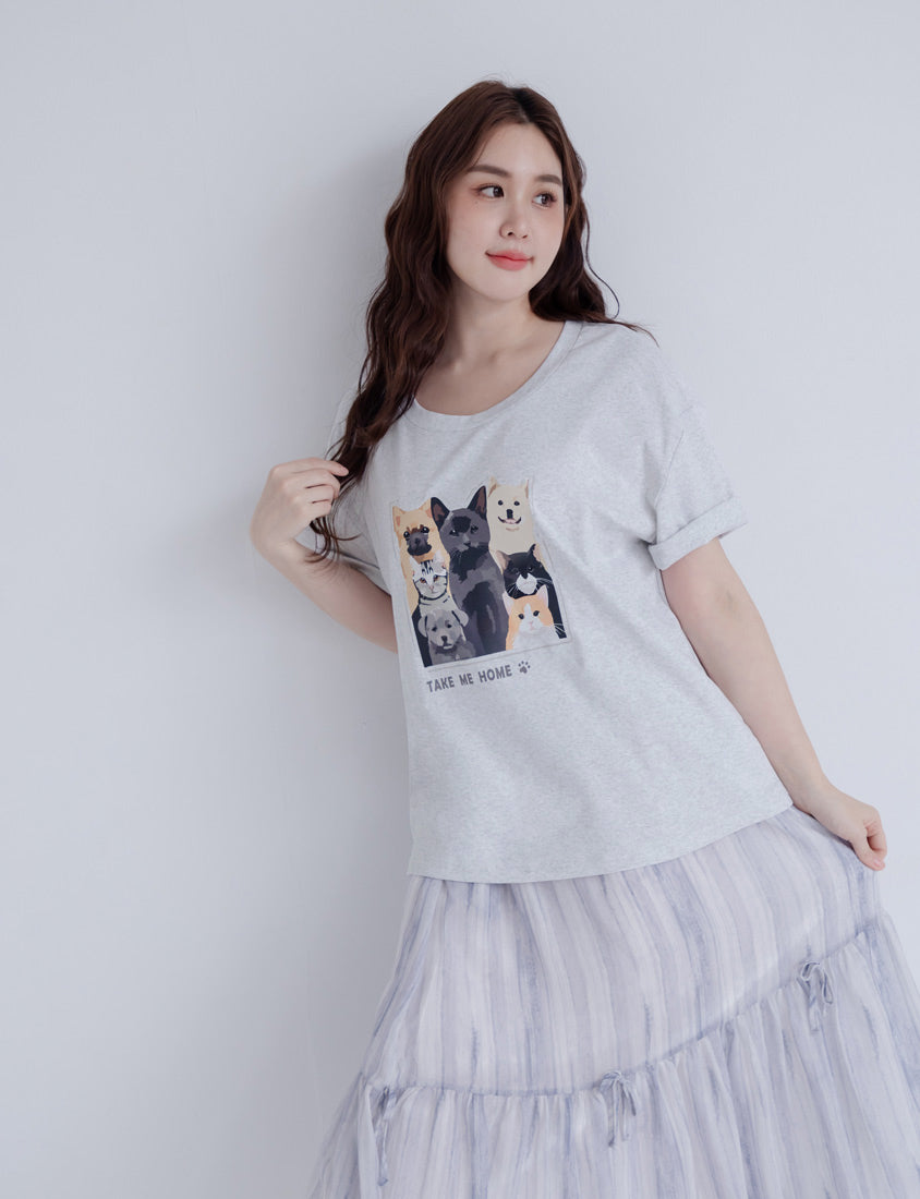 Kitty and Puppy Print Crew Neck Short Sleeve T-shirt