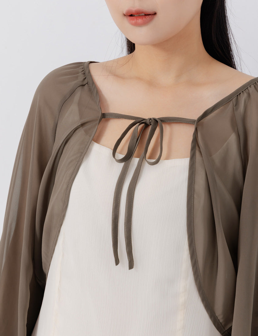 Japanese Style Puff Sleeve Tie Sheer Cropped Plus Size Cover-Up