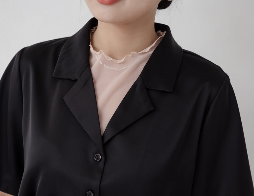 MISS. Glossy Satin Cuban Collar Plus Size Shirt With Floral Buttons