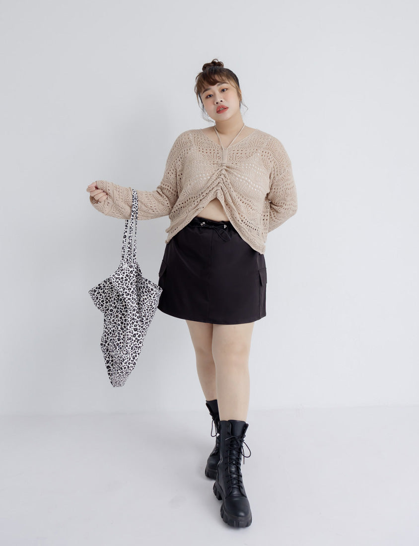 Sweet & Edgy Drawstring Cargo Plus Size Mini Skirt (With Inner Shorts)