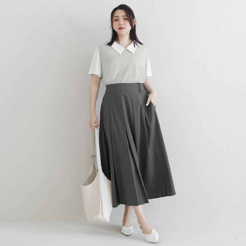 MISS. Elegant Wide Pleated Elastic Back Waist Plus Size Maxi Skirt