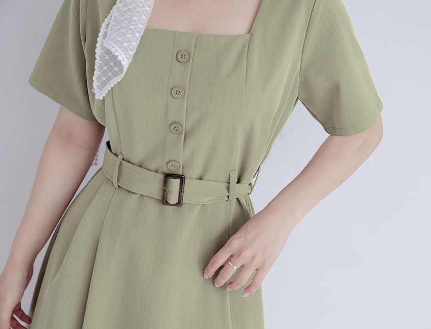 MISS. Square Neck Faux Button Elegant Plus Size Long Dress (With Belt)