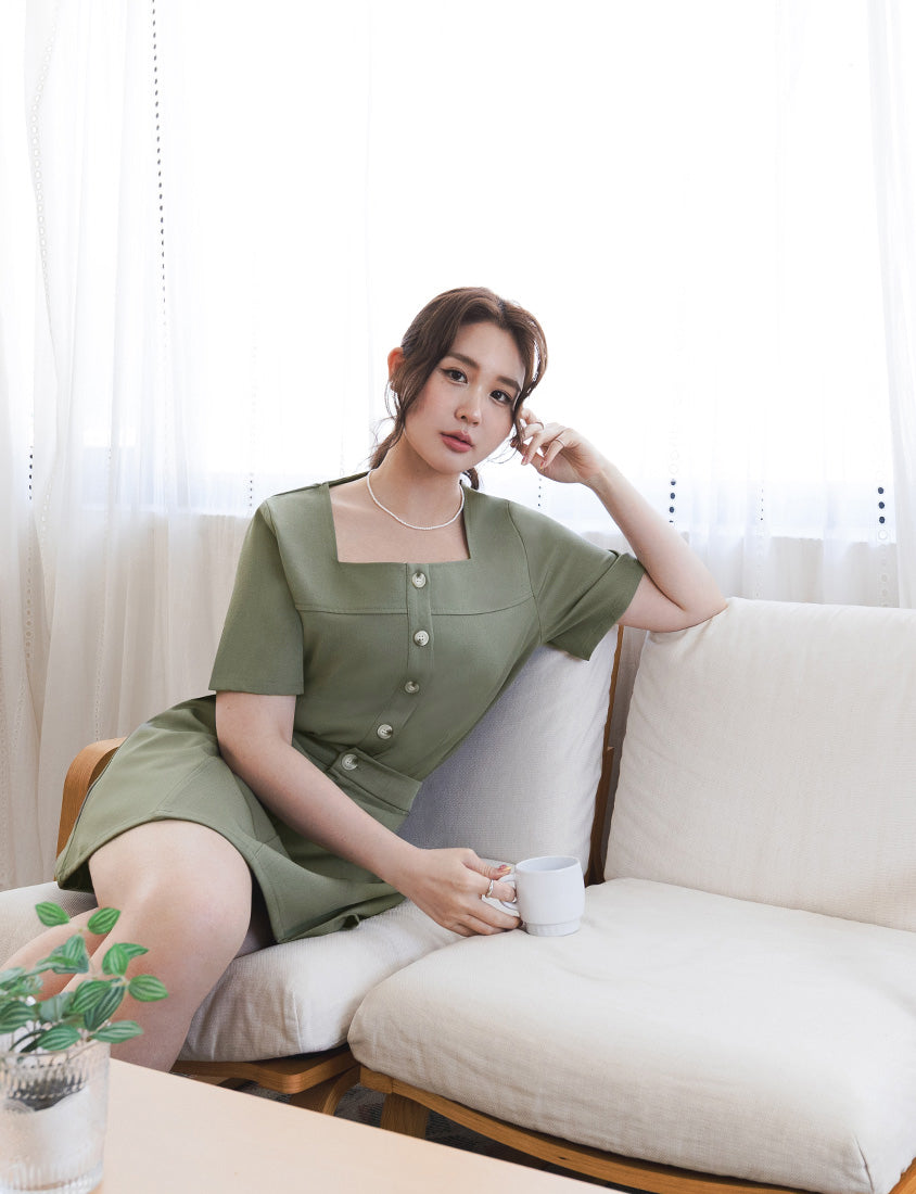 MISS. Korean Style Square Neck Twill Faux Button Top