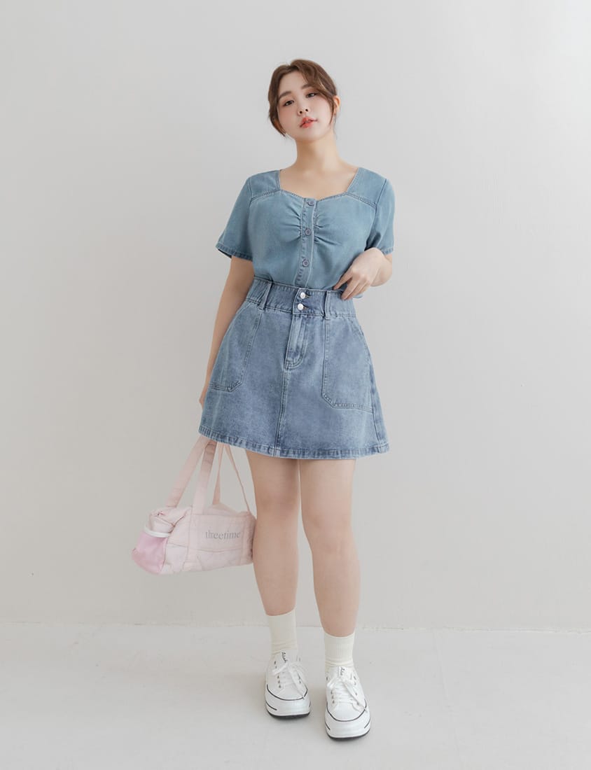 Front Ruched Button-Up Plus Size Denim Top