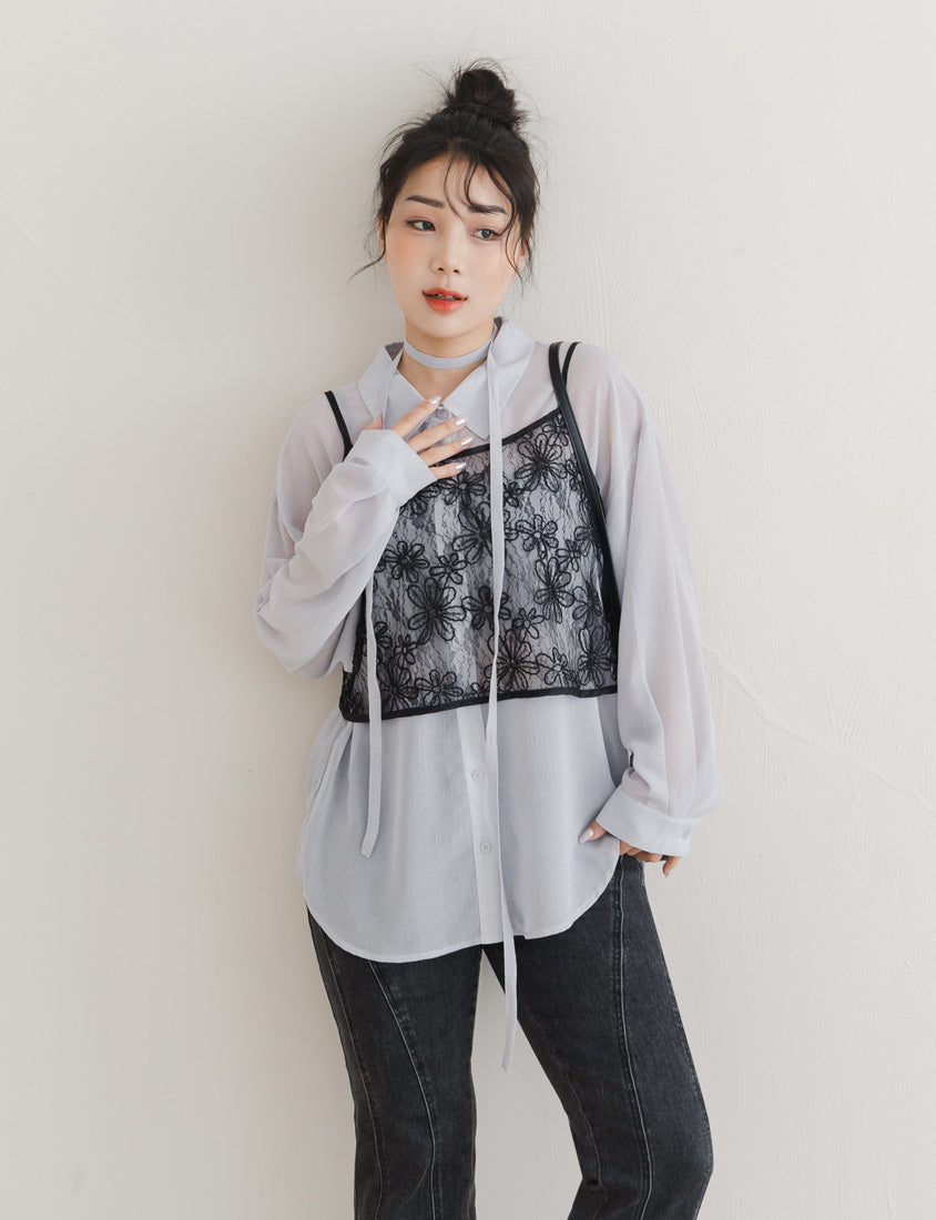 Flowy Crinkled Sheer Plus Size Blouse (With Tie)