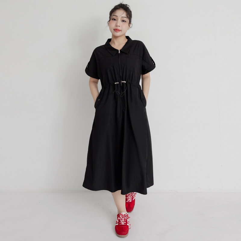 Utility Cargo Pocket Drawstring Cinched Waist Plus Size Maxi Dress