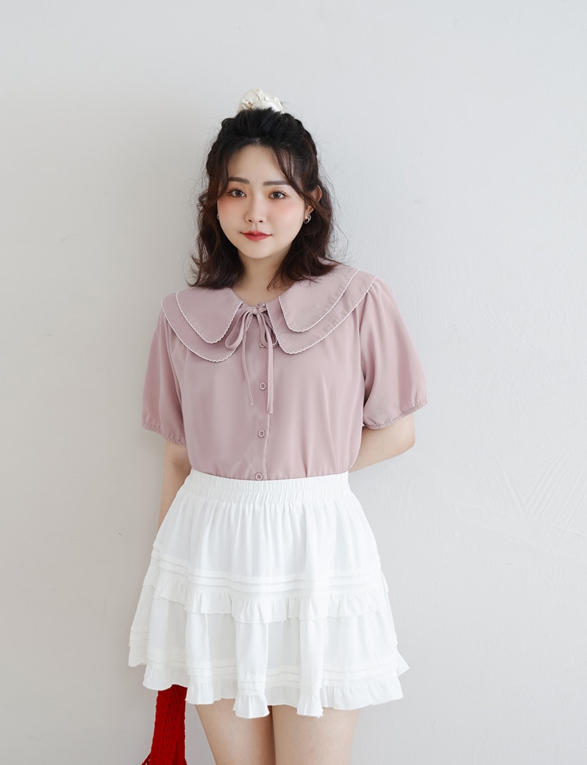 Double Layer Collar Tie Puff Sleeve Plus Size Blouse