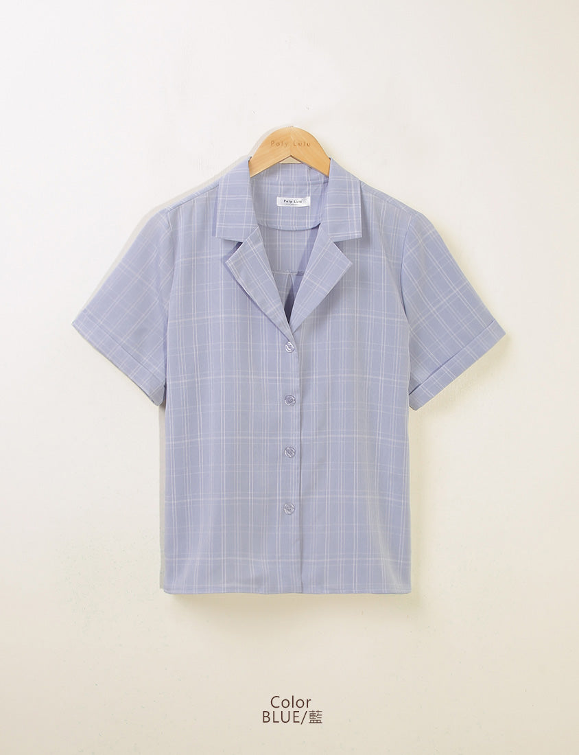 MISS. Cuban Collar Plaid Cuffed Plus Size Short Sleeve Shirt