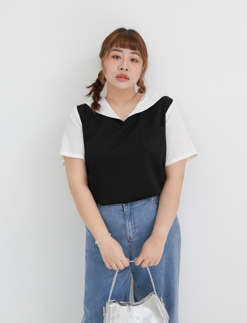 Space Cotton Sailor Collar Faux Two-Piece Plus Size Top