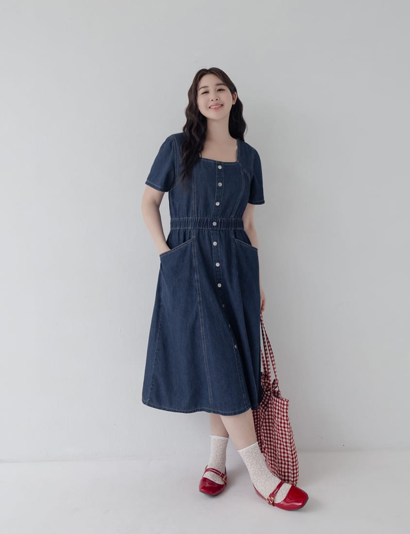 Square Neck Faux Button Elastic Waist Plus Size Denim Maxi Dress