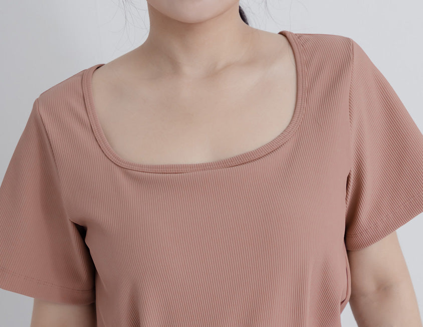 Pobra. Airy Ribbed Square Neck Short Sleeve Plus Size Bra Top