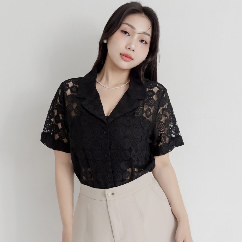 MISS. Cuban Collar Lace Eyelet Plus Size Shirt