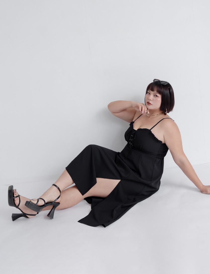 MUA! Ruffle Corset Front Slit Plus Size Maxi Dress