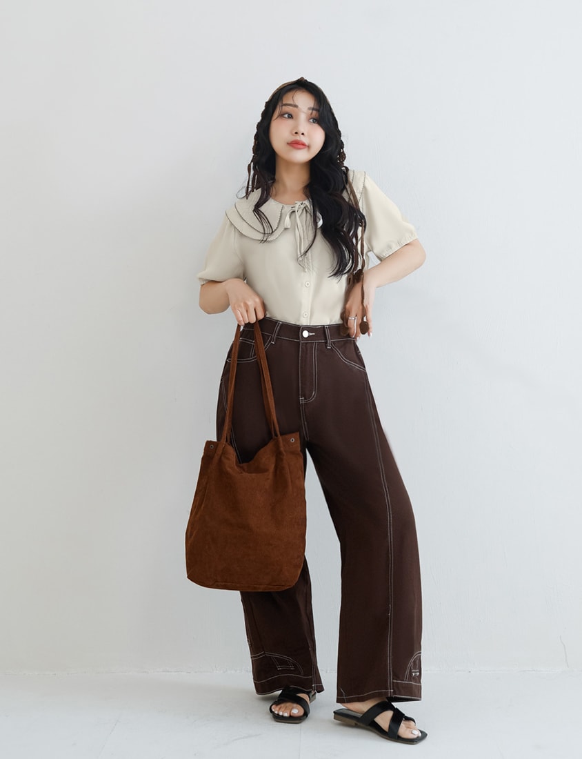 Double Layer Collar Tie Puff Sleeve Plus Size Blouse