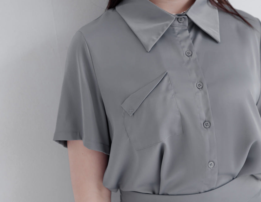MISS. Elegant Pleat-Back Satin Plus Size Pocket Shirt